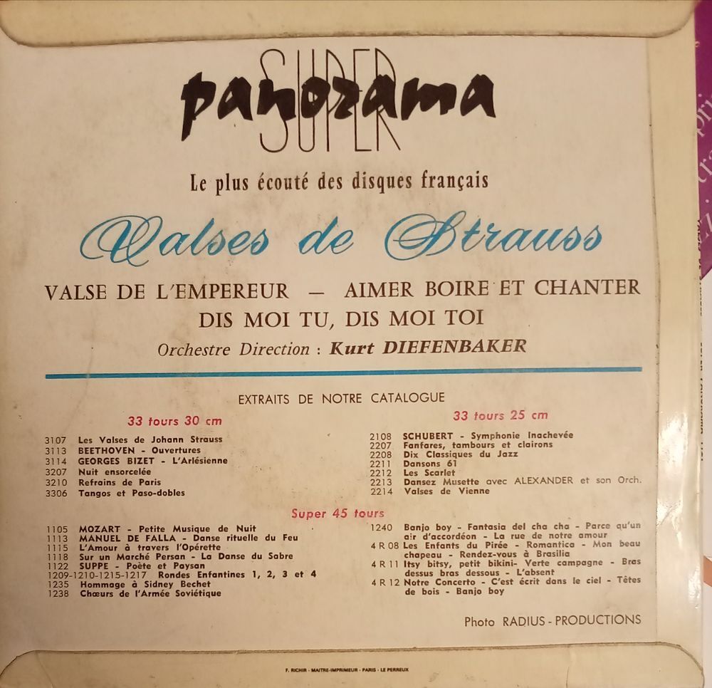 JOHANN STRAUSS / DISQUE VYNIL 45 TOURS / KURTH DIEFENBAKER / CD et vinyles