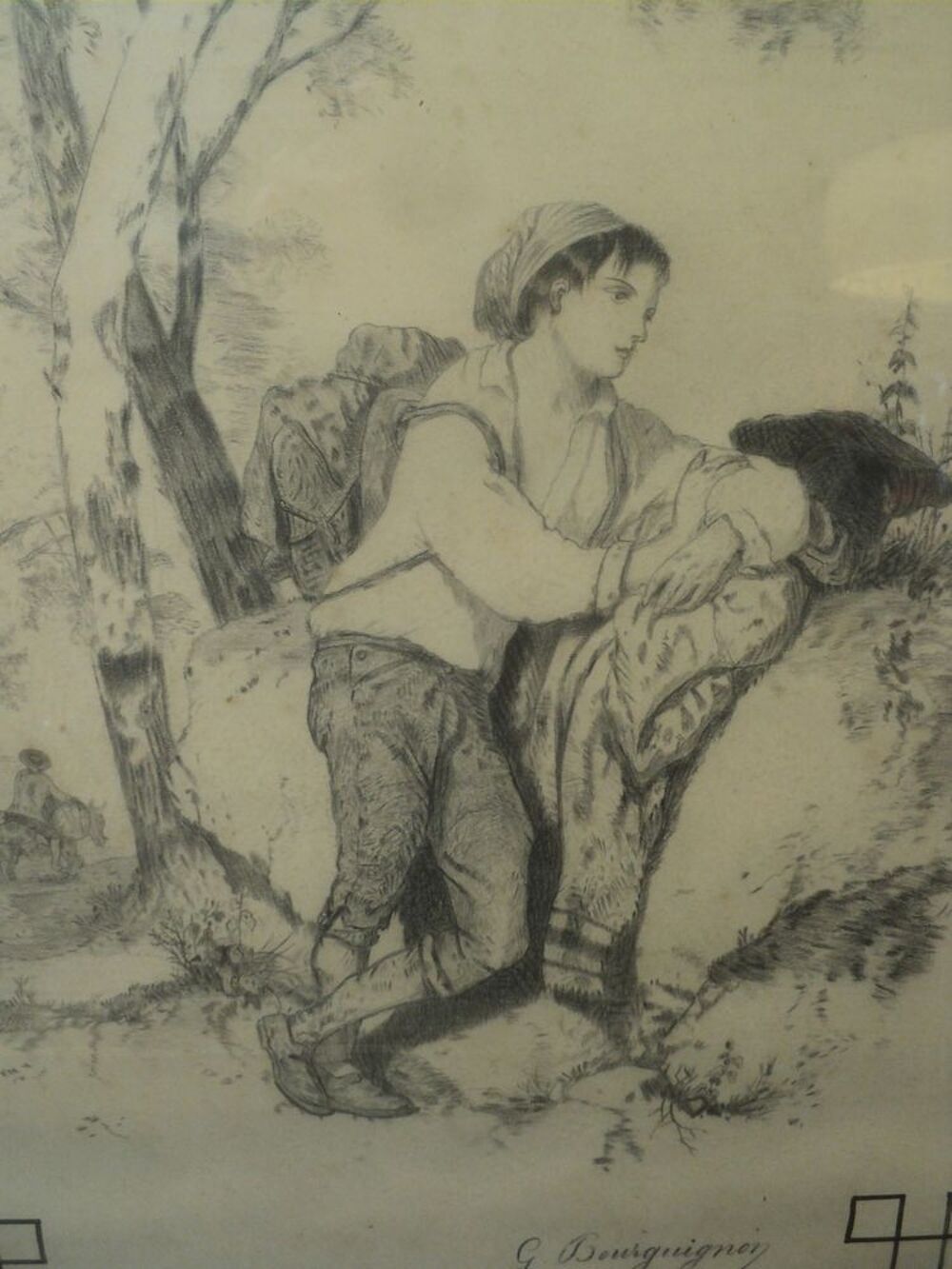 Tableau Dessin XIX&egrave;me Portrait Jeune Homme Napolitain Sign&eacute; Décoration