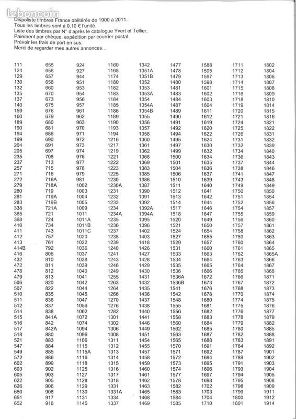 Dispoliste timbres France oblit&eacute;r&eacute;s de 1900 &agrave; 2011. 