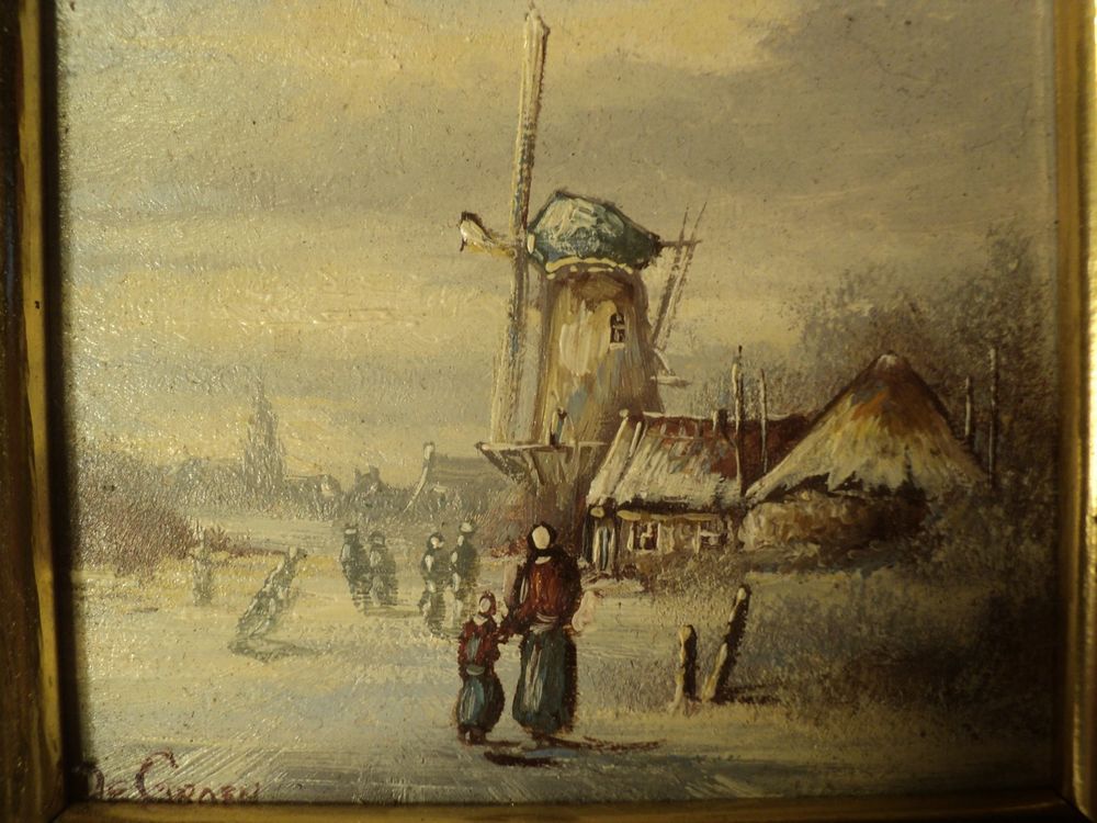 Petit Tableau Peinture Flamande XX&egrave;me Moulin &agrave; Vent Dcoration