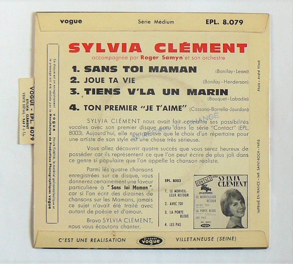 EP Sylvia CLEMENT : Sans toi maman - Vogue EPL 8079 - 1963 CD et vinyles