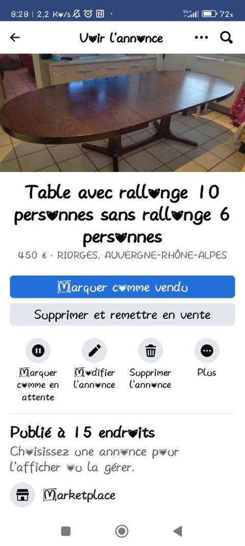 table avec rallonge 10 personnes et sans rallonge 6 personnes 400 Riorges (42)