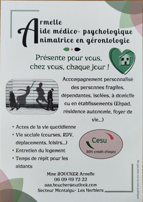 Armelle, Aide m&eacute;dico psychologique &agrave; domicile ! 0 85600 La boissi�re-de-montaigu