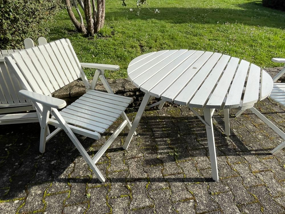 Salon de jardin bois laqu&eacute; blanc estampill&eacute; R. Gleizes mod&egrave;le Youpi Jardin