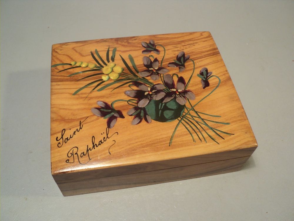 Ancienne Boite Saint-Rapha&euml;l Bois Peint Violettes &amp; Mimosa 