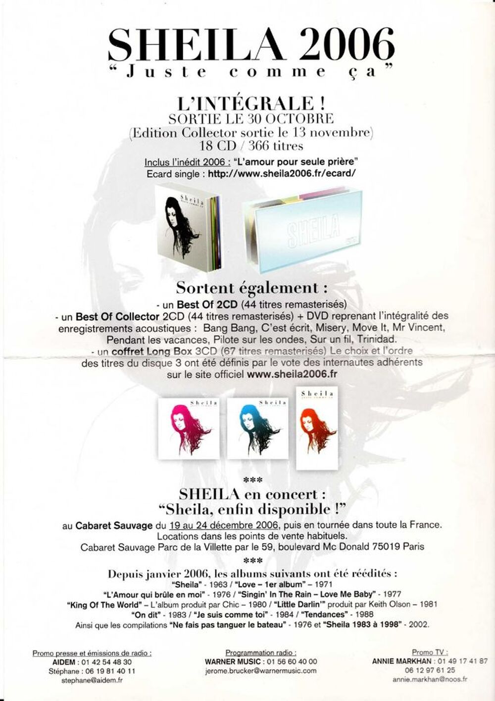 Sheila : plan m&eacute;dia pour l'int&eacute;grale 'Juste comme &ccedil;a' - 2006 CD et vinyles