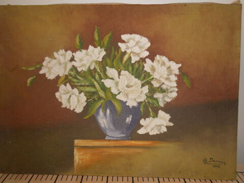 Tableau ancien CR Daroux 1958 - oeillets au vase bleu 100 Bernay-Saint-Martin (17)
