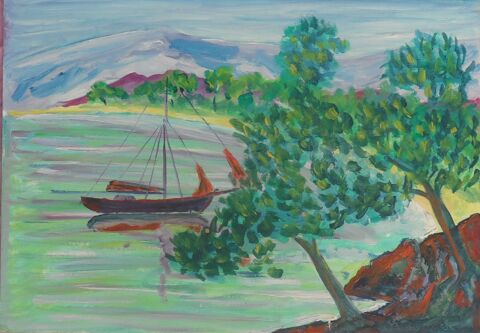 Peinture sur carton arbre et voilier signée 21 x 29,7 15 Castries (34)