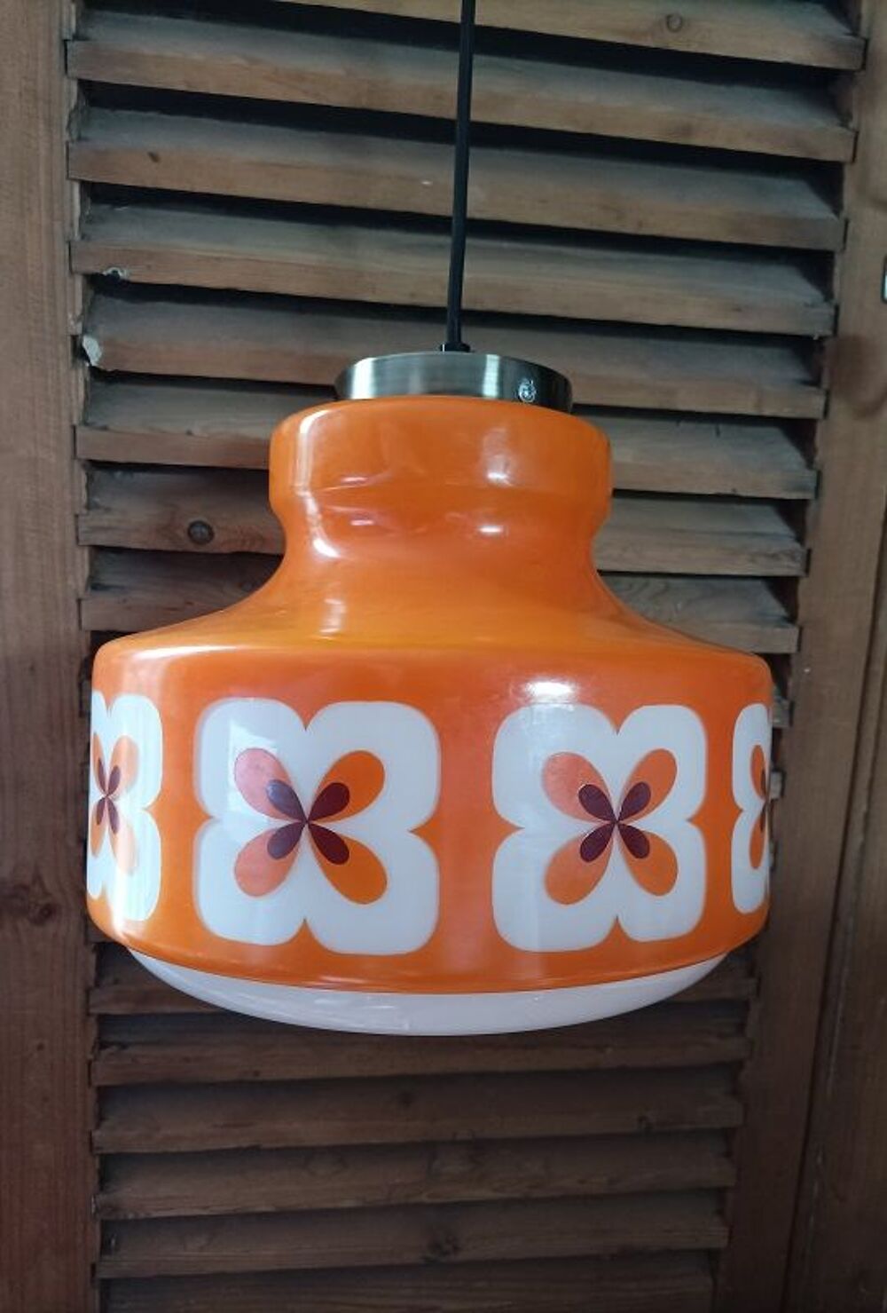 Suspension globe verre orange blanc fleurs DP 0823316 ancien Décoration