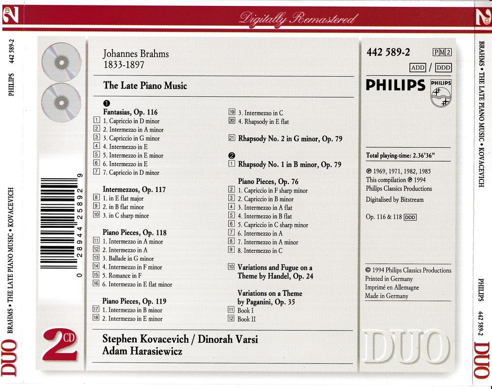 CD Brahms, Haendel, Paganini, The Late Piano Music CD et vinyles