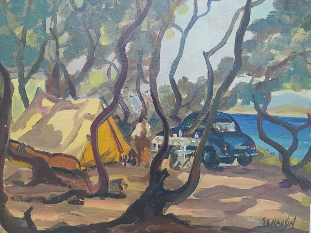 Tableau Paysage M&eacute;diterran&eacute;en Camping Sign&eacute; S.Chauvin 
