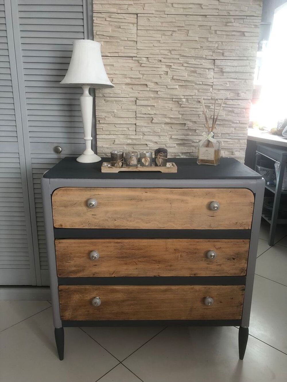 COMMODE GRIS 2 TONS ET BOIS Meubles