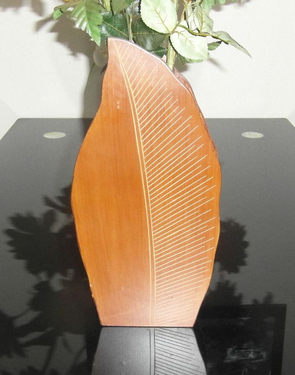 Vase en bois, forme feuille pour fleurs artificielles Décoration