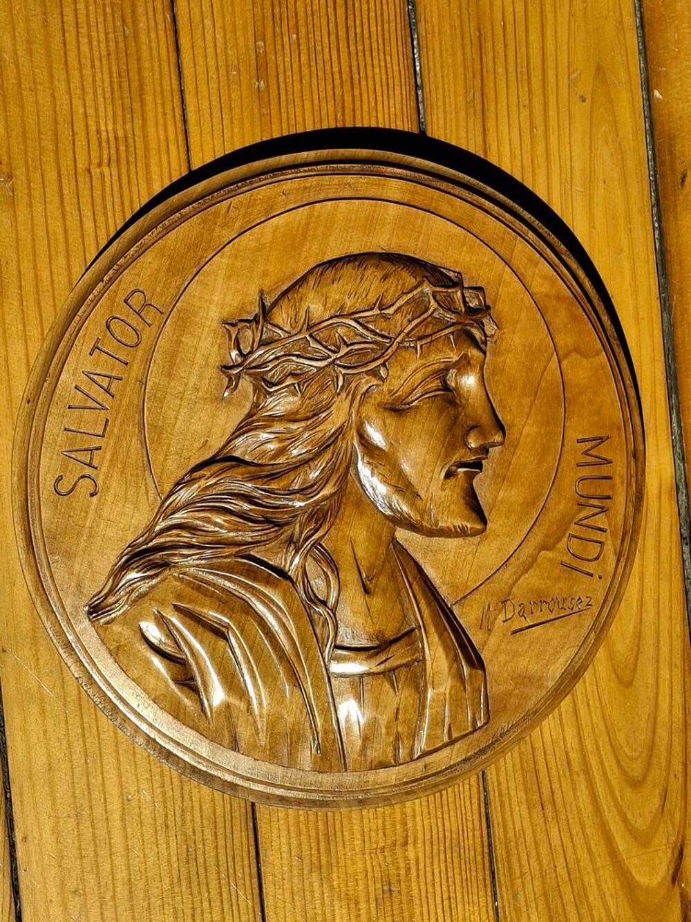 Bois sculpt&eacute; monoxyle sign&eacute; Christ sauveur du monde Décoration