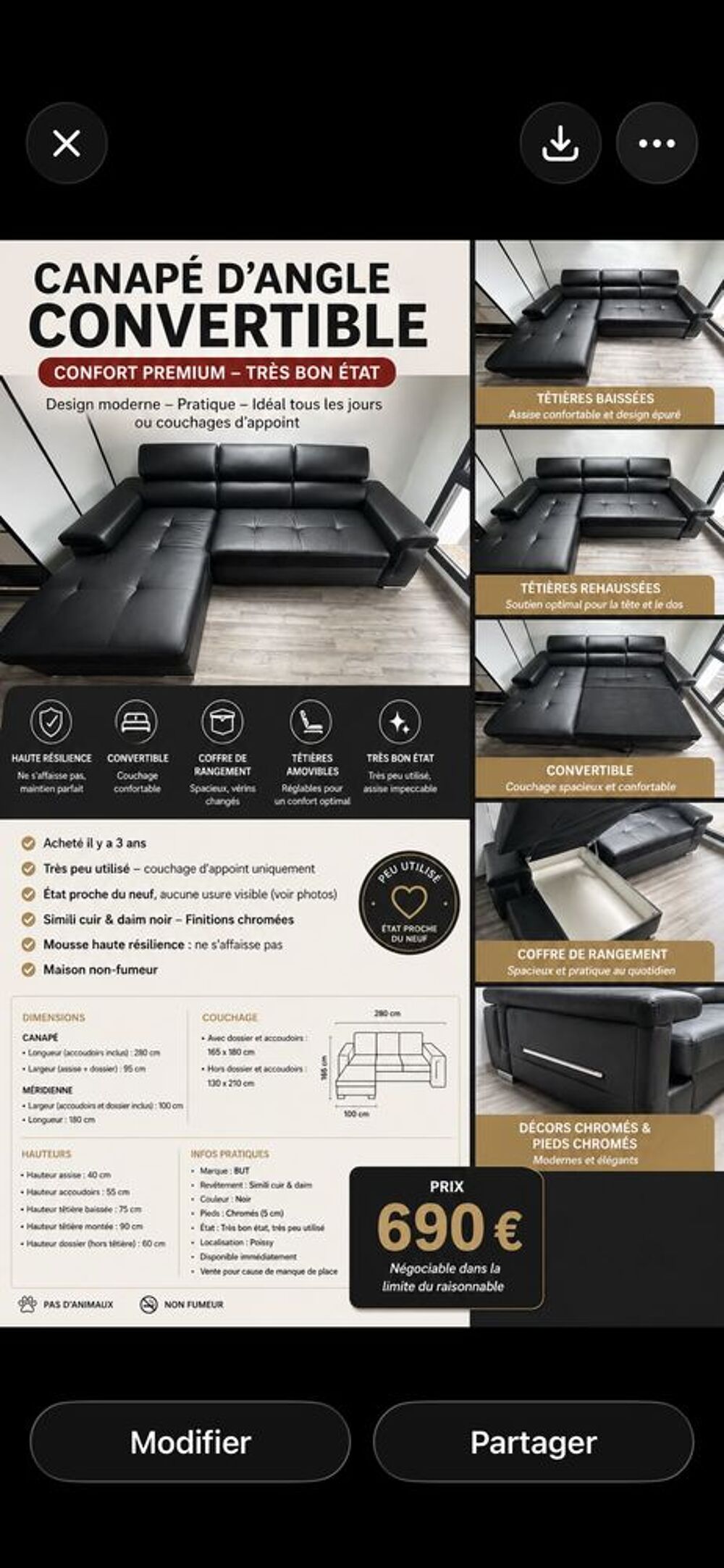 Canap&eacute; d'angle convertible noir €" Couchage + coffre €" Tr&egrave;s bon &eacute;tat Meubles