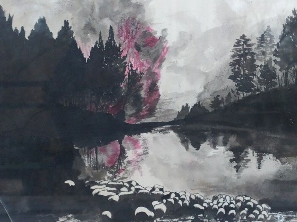Tableau Dessin Paysage Lacustre Moutons Incendie B. Colonge 