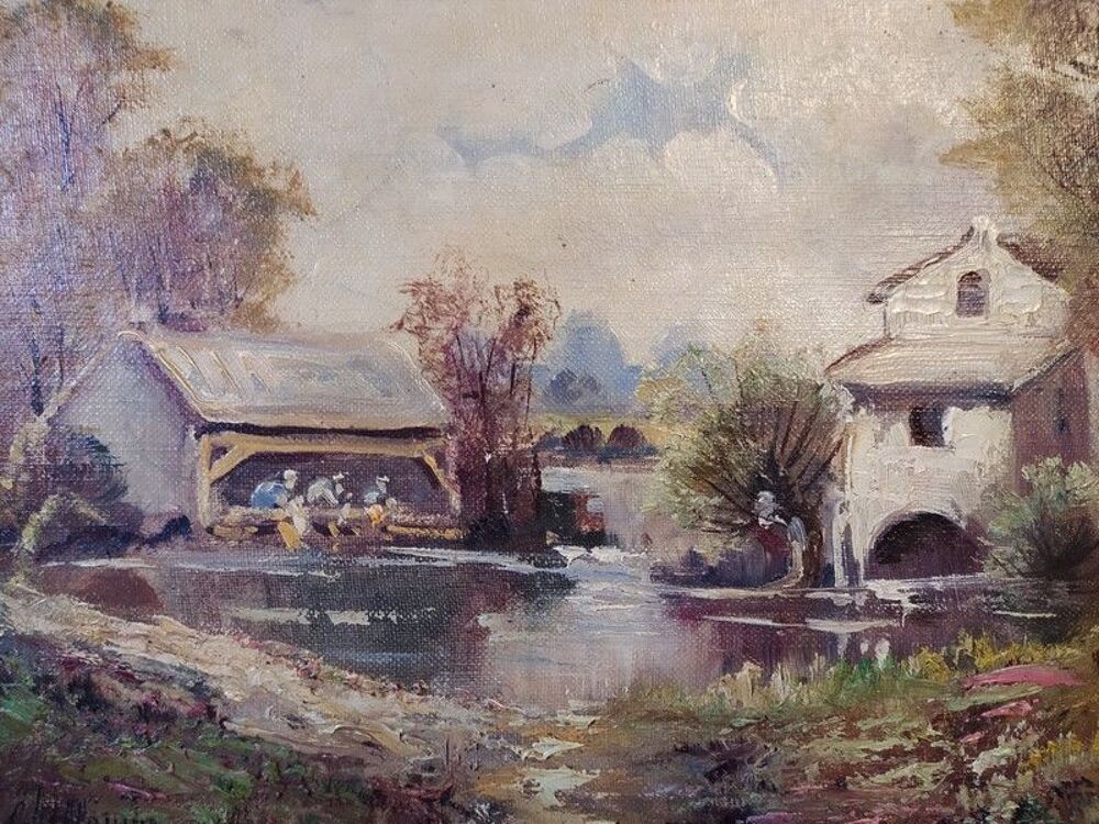 Ancien Tableau Paysage Lavandi&egrave;res Sign&eacute; Dcoration