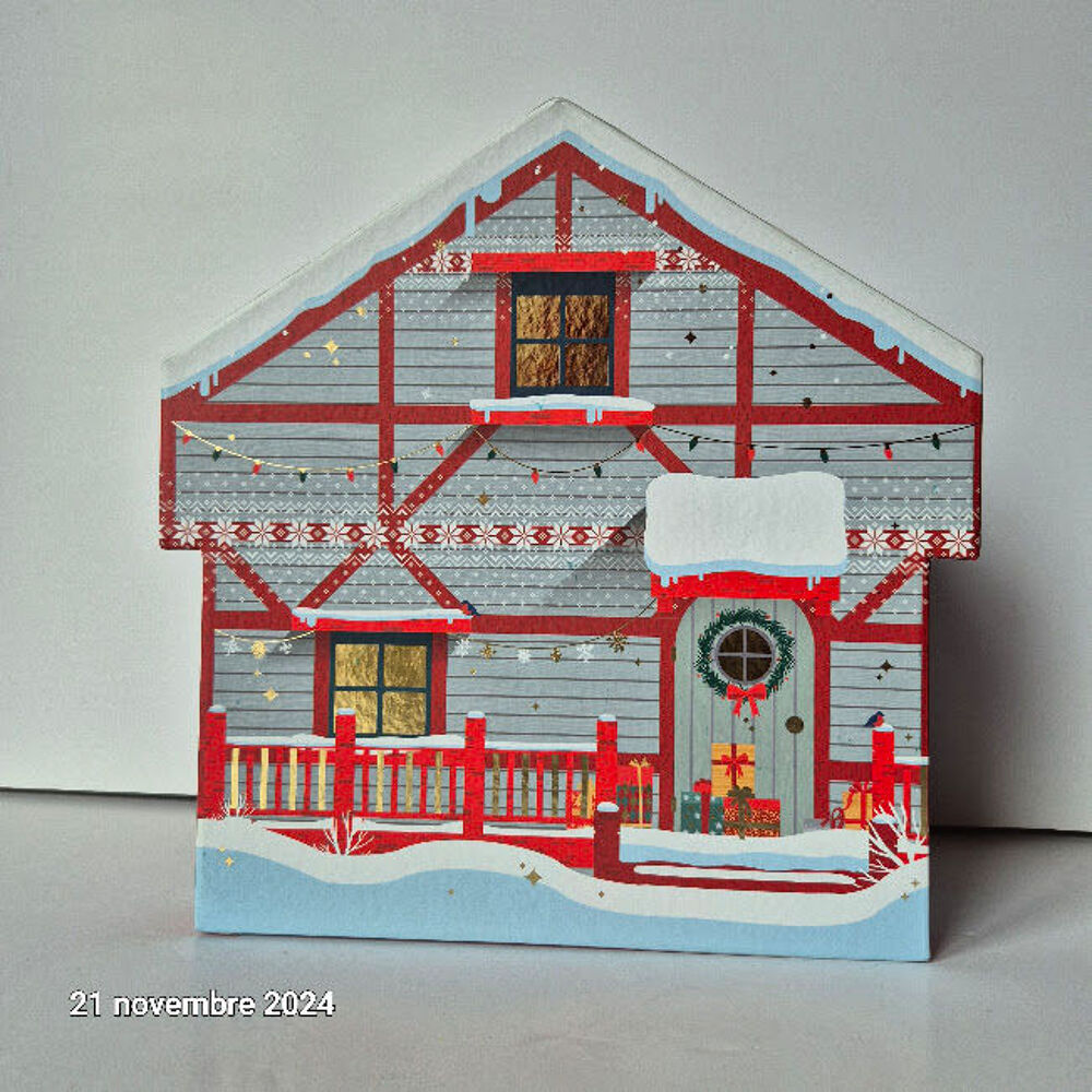 Coffret carton forme chalet BONNES FETES rouge/blanc/dorure Décoration