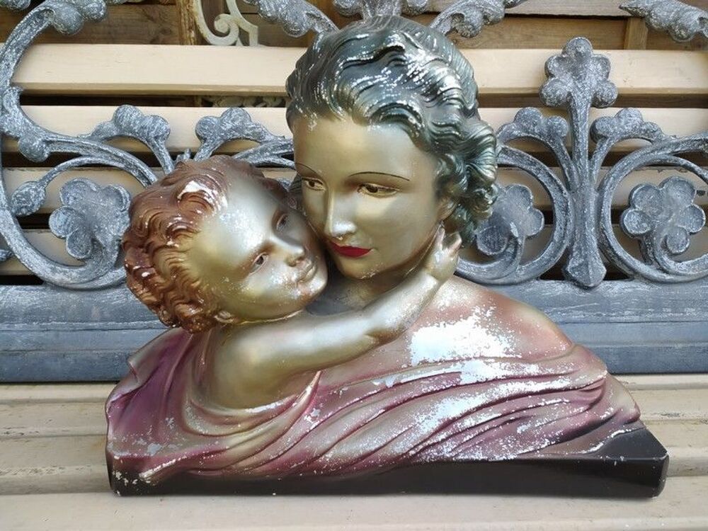 Sculpture Polychrome Femme et Enfant Sign&eacute; Cipriani Art D&eacute;co Décoration
