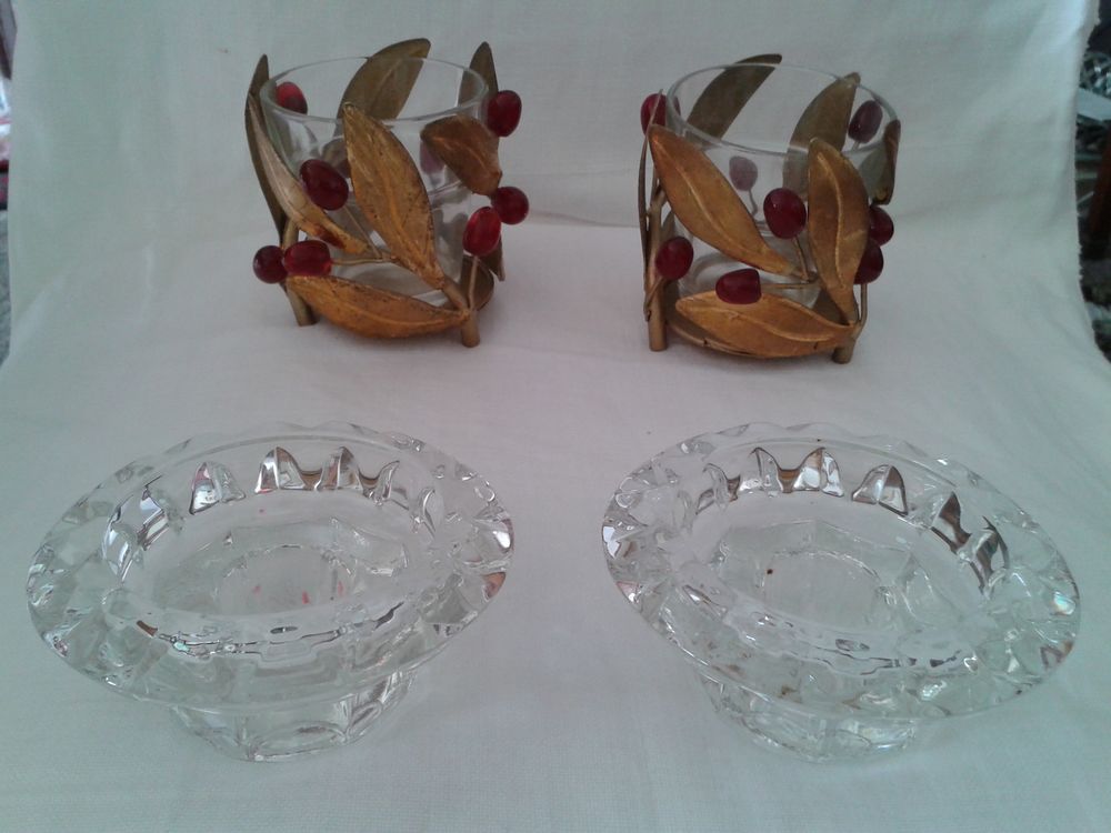 ensemble de 4 portes bougies m&eacute;tal dor&eacute; et en verre neufs Décoration