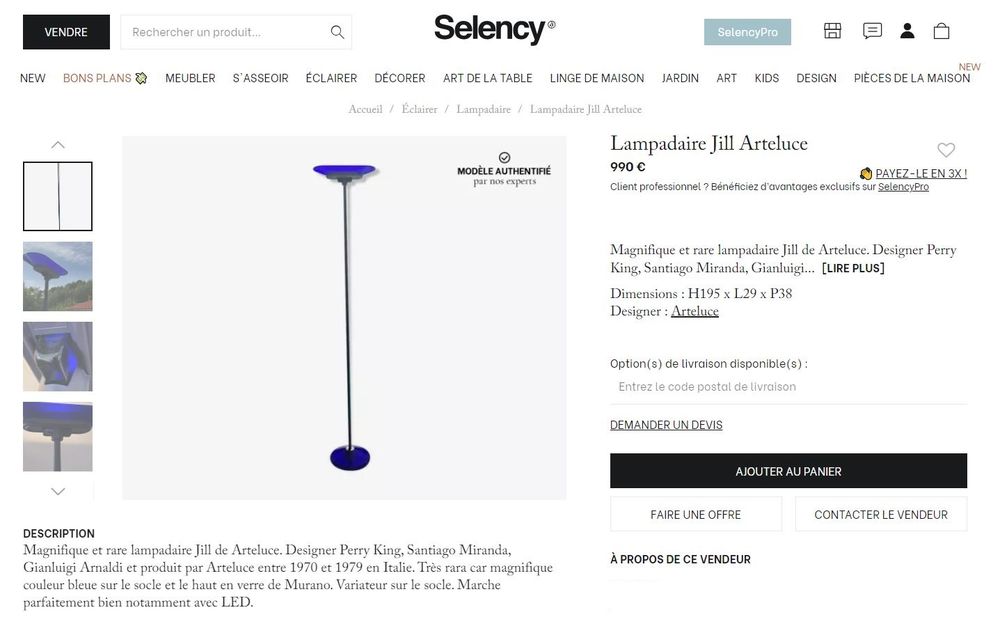 ARTELUCE Jill A380 - Magnifique lampadaire bleu Klein 1970'S Dcoration