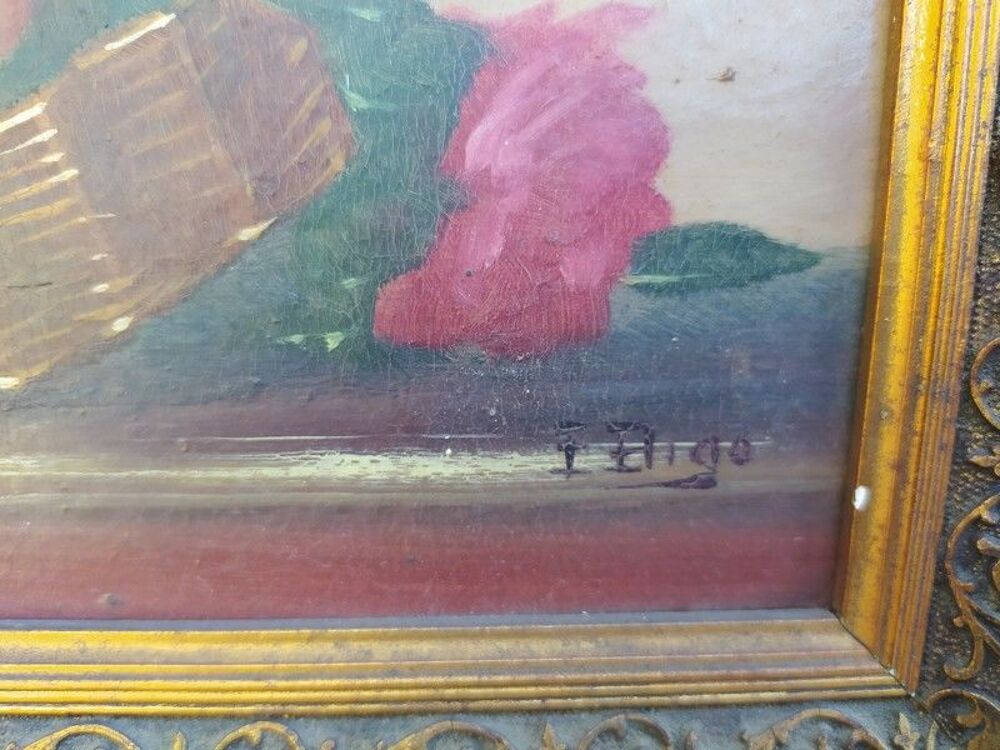 Tableau Paniers de Fleurs Roses Nature Morte Sign&eacute; Bigo
