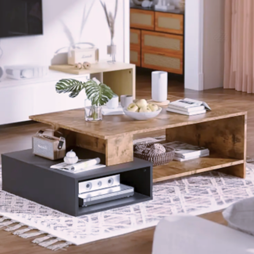 Table basse bois et noir ? design moderne avec double rangem Meubles