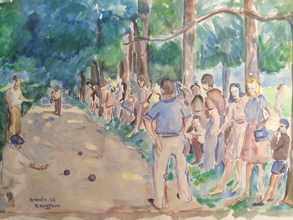 Aquarelle Jeu de Boules &agrave; Ardentes 1945 Sign&eacute; R. Massicard 