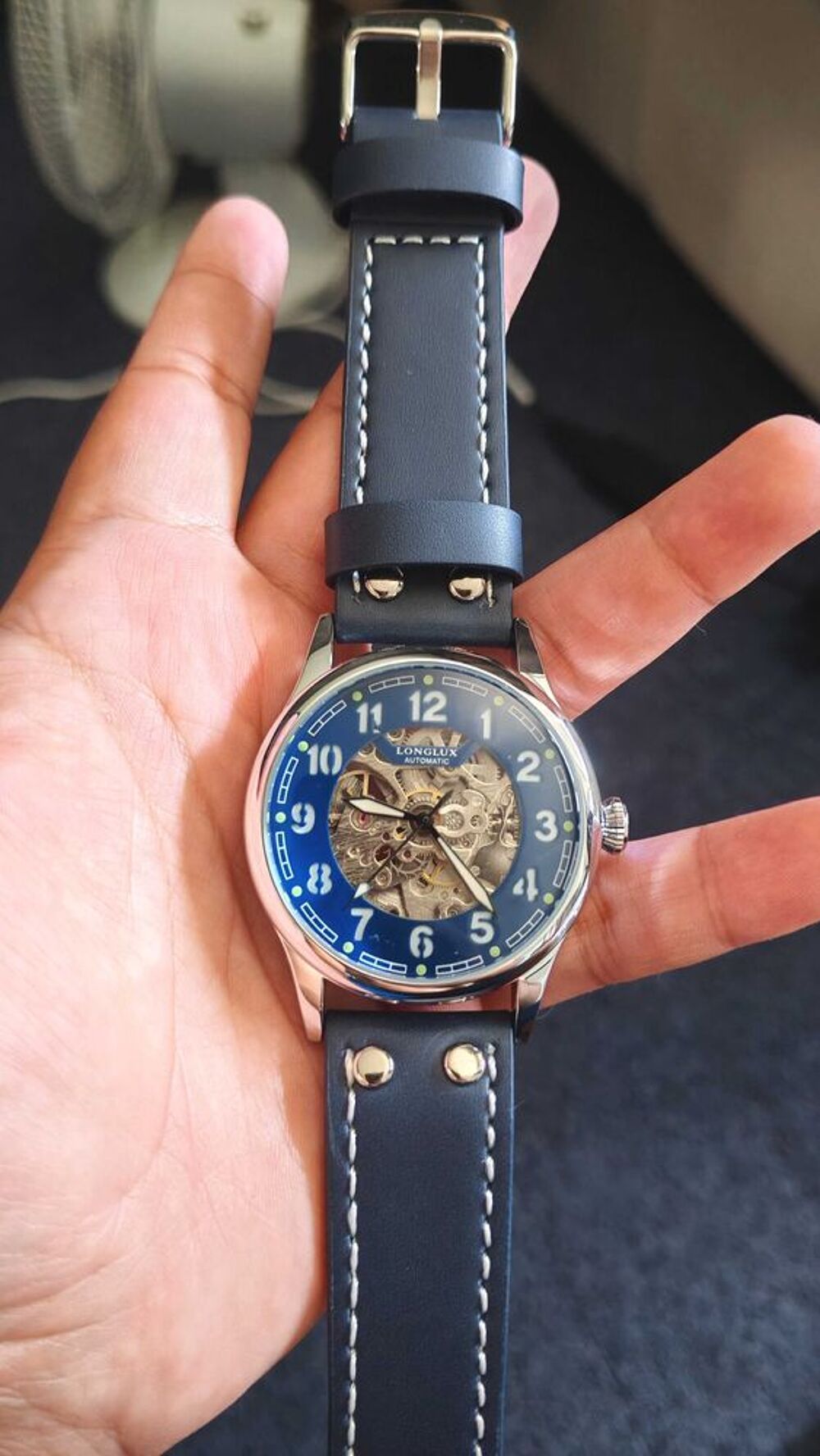 Montre automatique squelette Longlux €" Cadran bleu / Bo&icirc;tier acier &amp; Bracelet aviateur Bijoux et montres