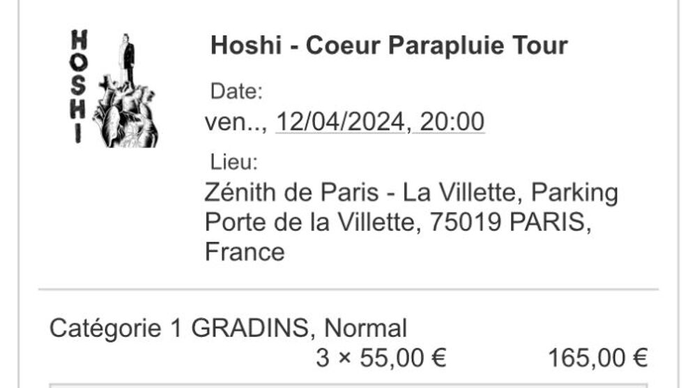 3 places concert Hoshi Paris 12/04 Billetterie