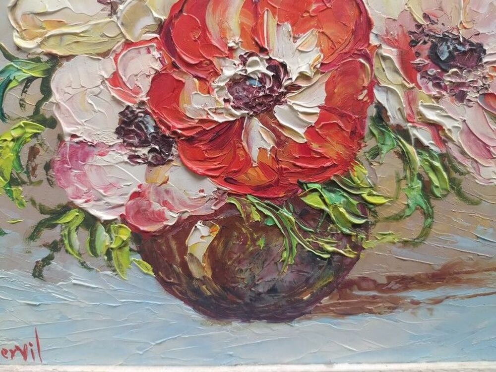 Tableau Nature Morte Fleurs An&eacute;mones Sign&eacute; De Mervil 
Décoration