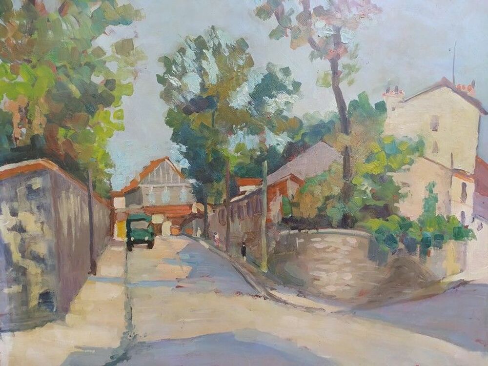 Tableau Paysage Rue Village Automobile Peintre &agrave; identifier. Décoration