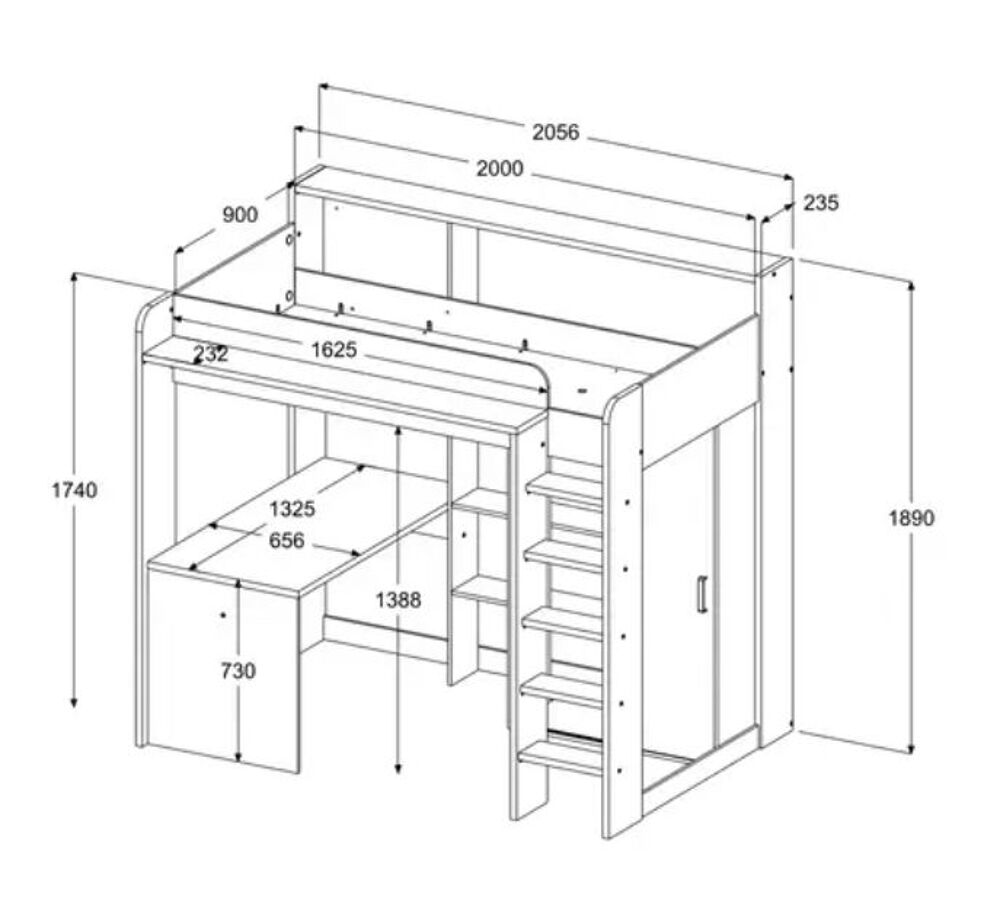 
Lit mezzanine TBE avec bureau sommier &eacute;tag&egrave;res penderie Meubles