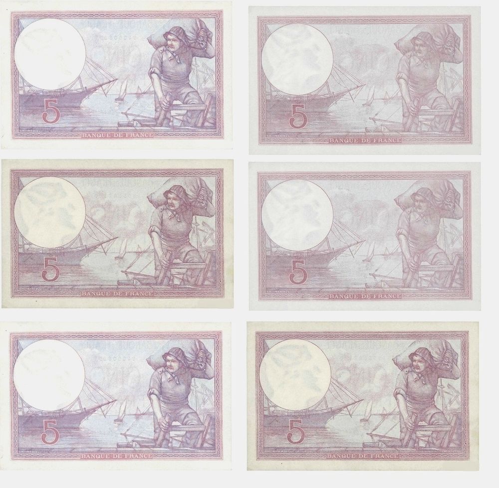 F3 5 f violet lot de 6 billets NEUFS RARE 