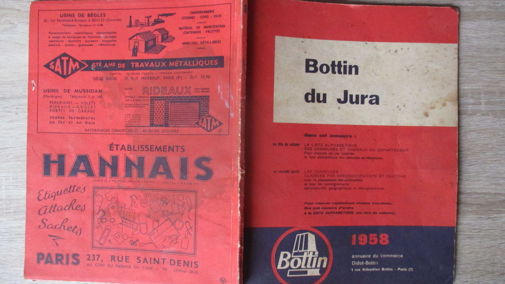 Ancien BOTTIN du JURA de 1958. 