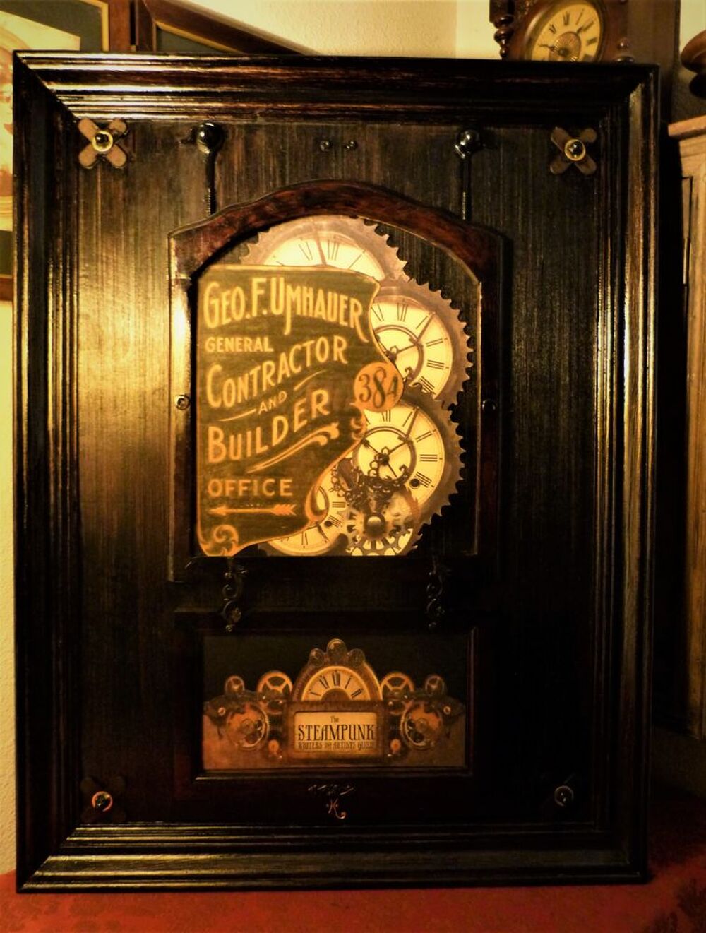 Grand Tableau Bois "ANTIQUE PUBLICITY" Steampunk Décoration