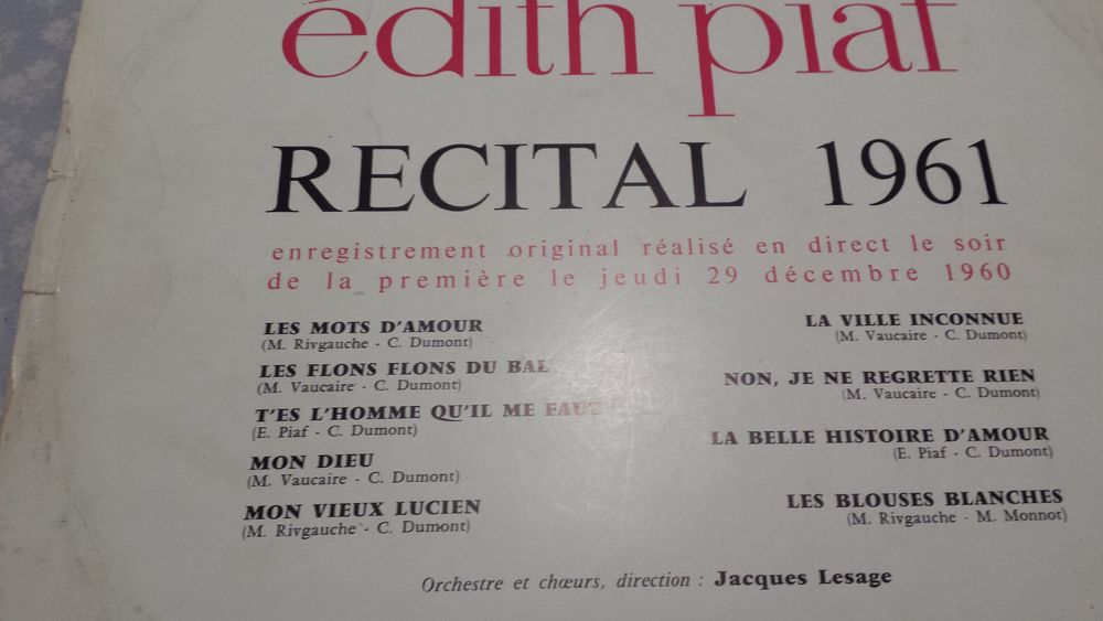 VINYLE EDITH PIAF
RECITAL 1961
CD et vinyles