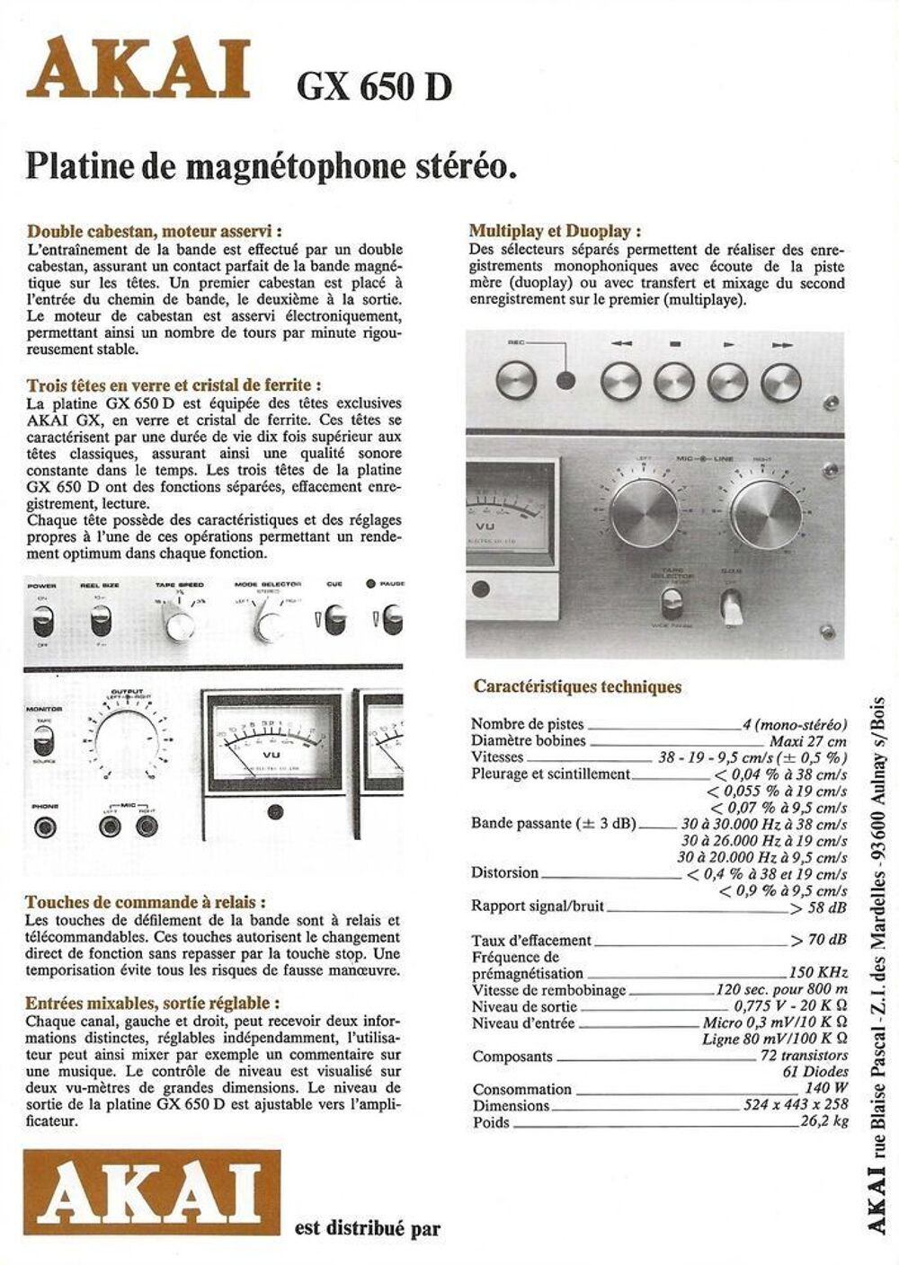Platine de magn&eacute;tophone st&eacute;r&eacute;o. AKAI GX 650 D Audio et hifi