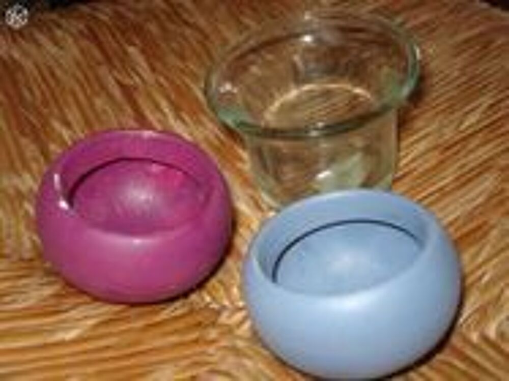 Lot de 3 petits bougeoirs transparent mauve bleu Décoration