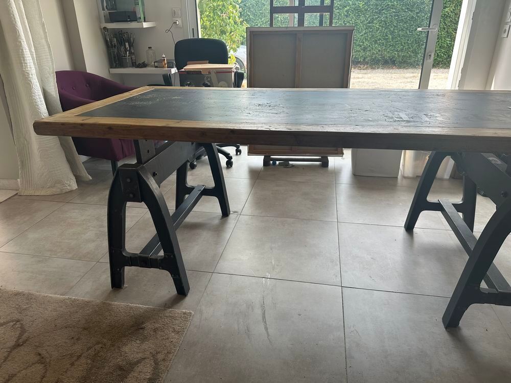 table maison du monde style imitation industriel longueur 200 cm bordure bois &eacute;pais dessus imitation ardoise patine Meubles