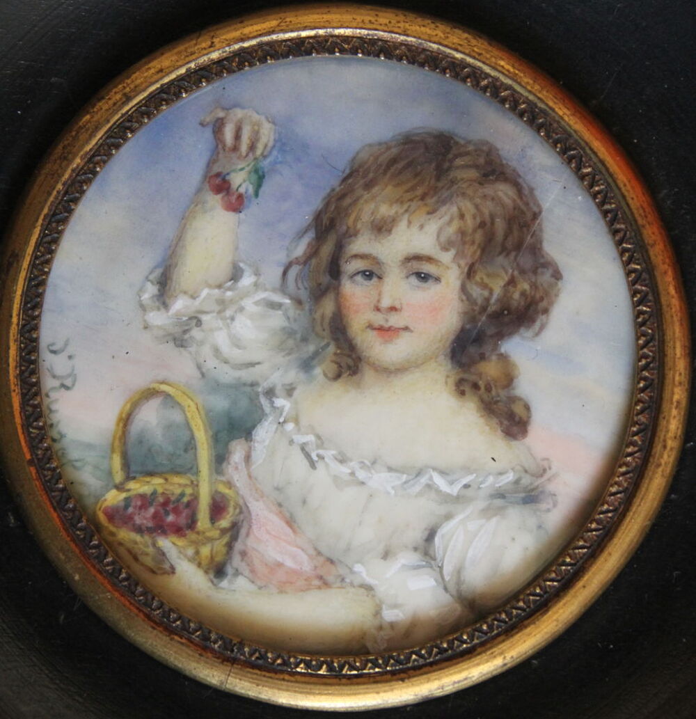 Miniature sur ivoire J Roussel cerises enfant Décoration