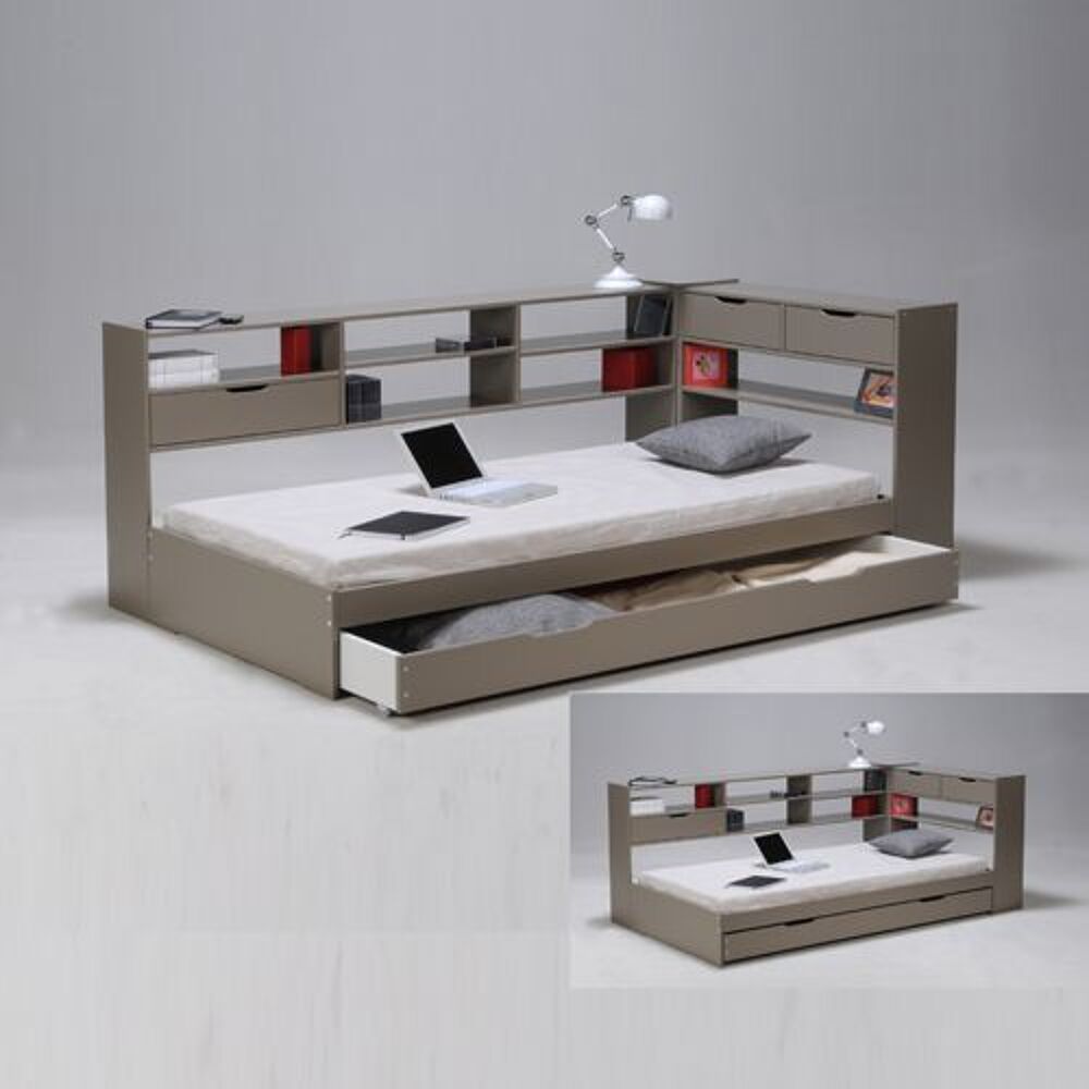 Lit Combin&eacute; 90x190 cm + &eacute;tag&egrave;res + Tiroir + sommier &agrave; lattes Mobilier enfants