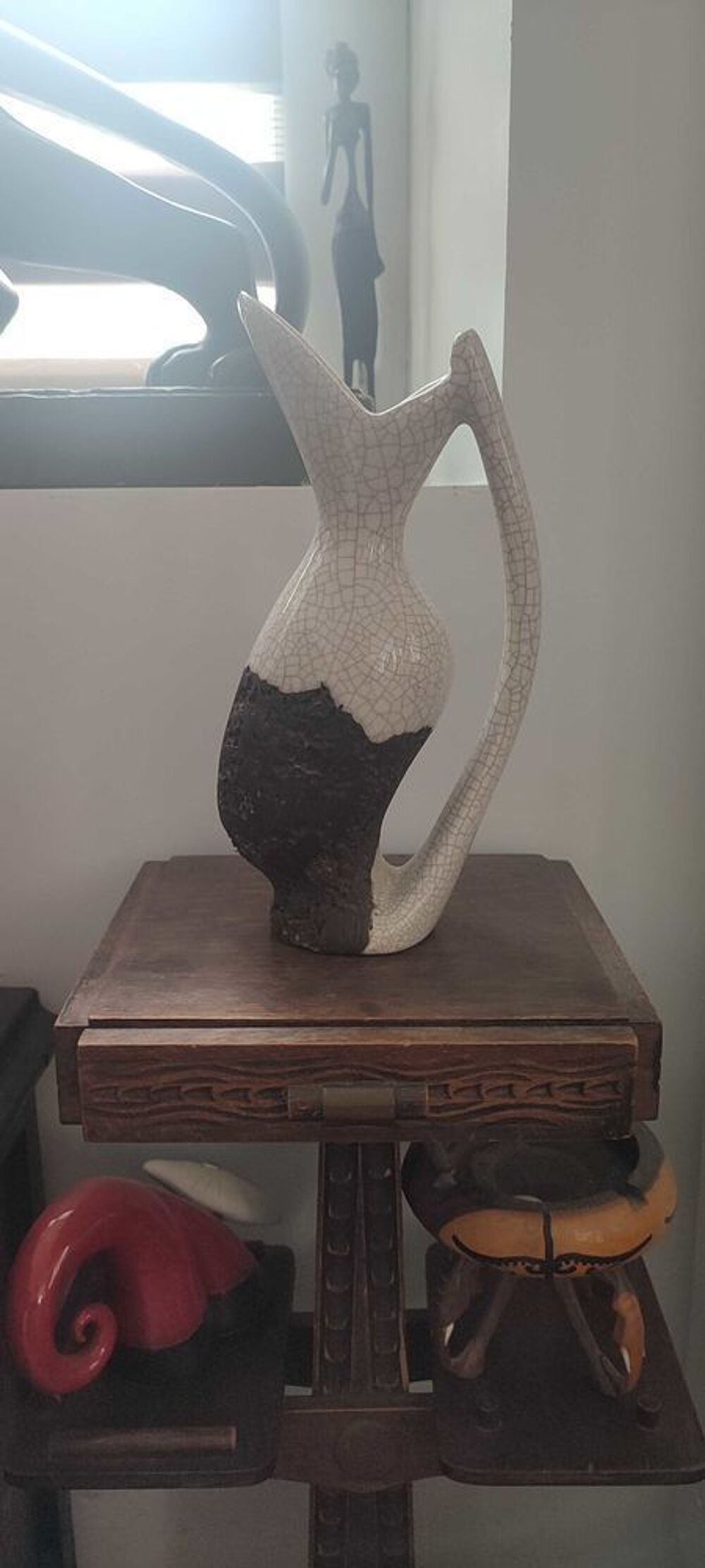 Vase Pichet "Forme Libre" Raku et Bois vermoulu (1960/70) 