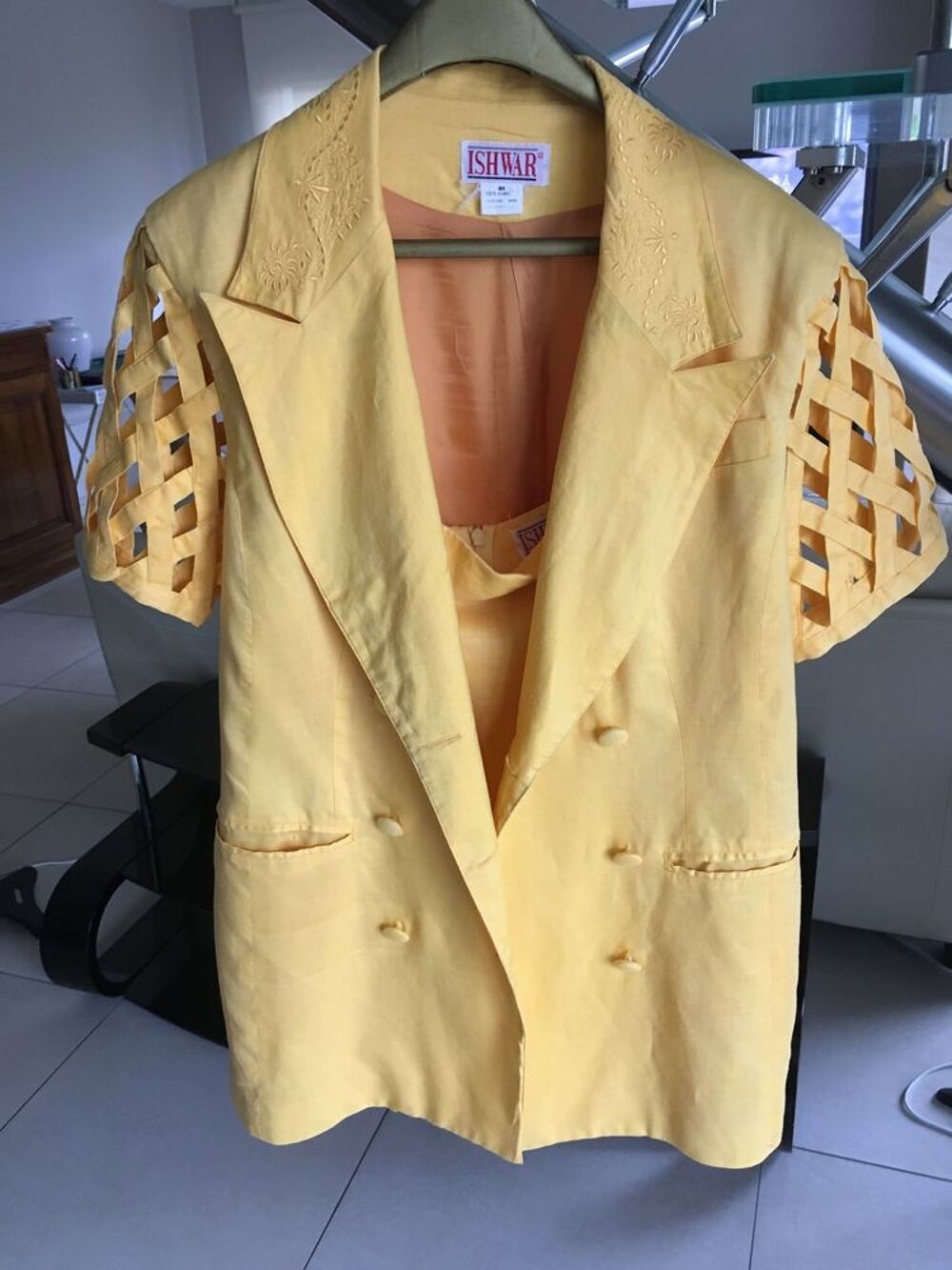 ENSEMBLE EN LIN &eacute;t&eacute;, jupe et veste jaune, ISHWAR, taille 42 Vêtements