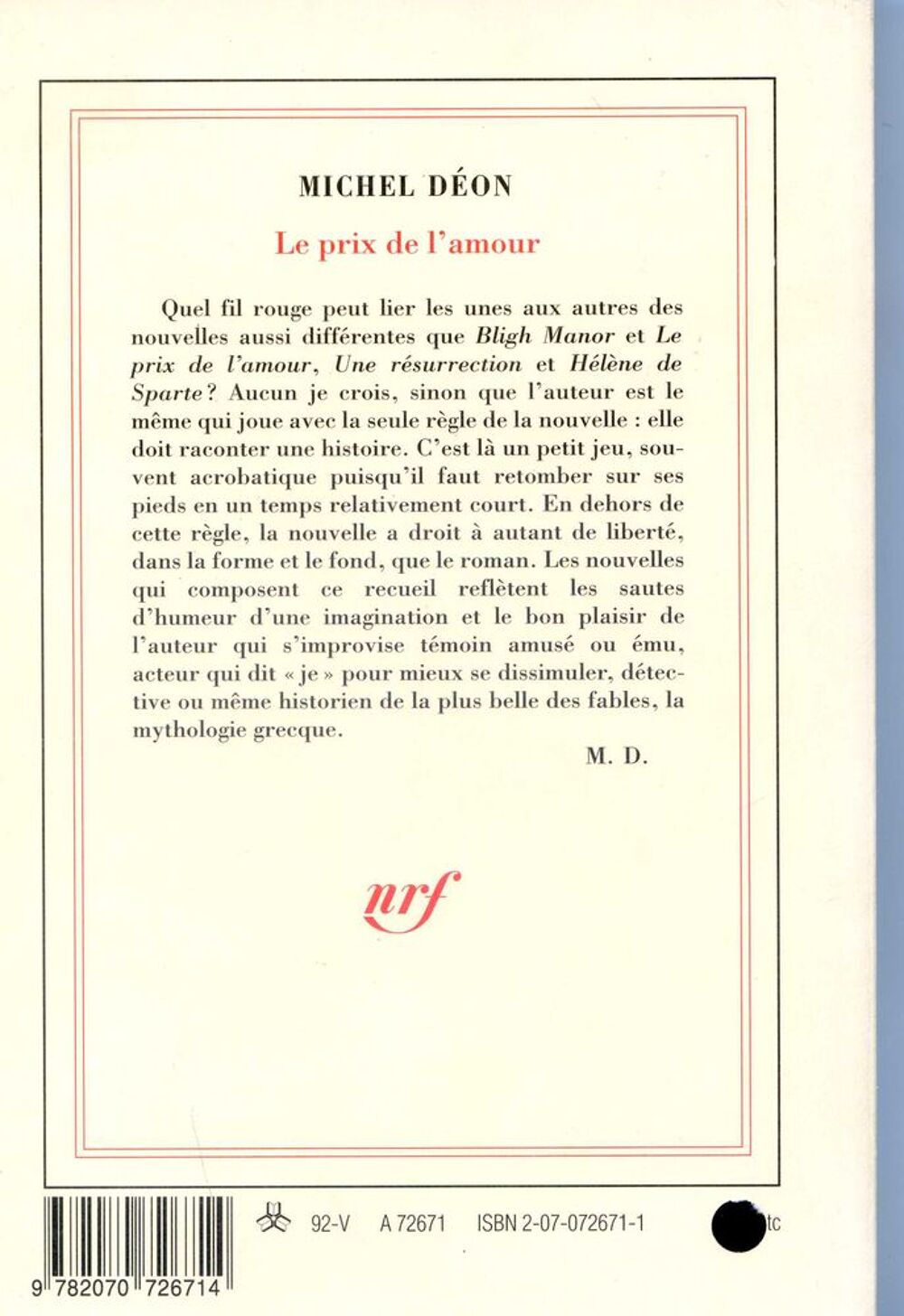 Le prix de l'amour- Michel D&eacute;on, Livres et BD