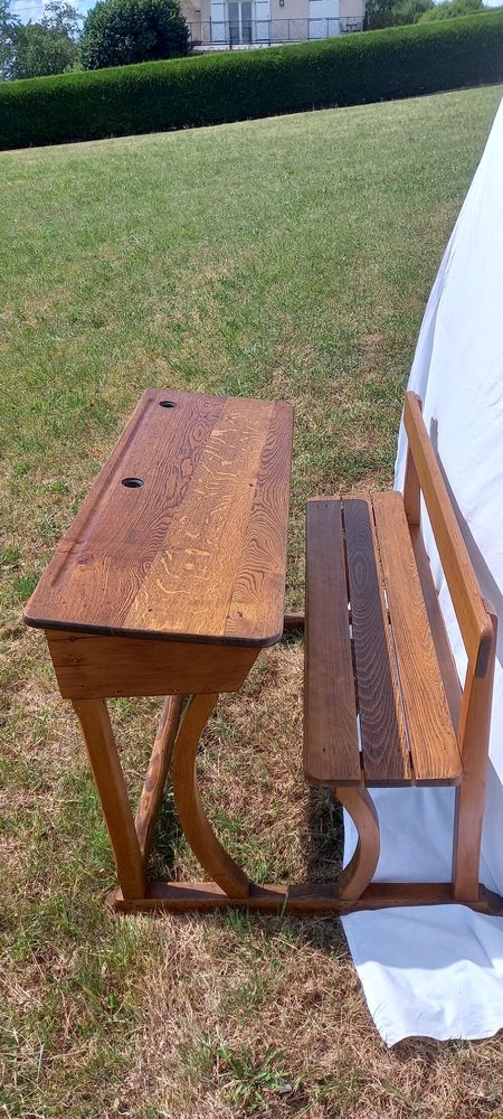 Bureau d'&eacute;cole vintage Saint-Martin 2 places Pieds galb&eacute;s Mobilier enfants