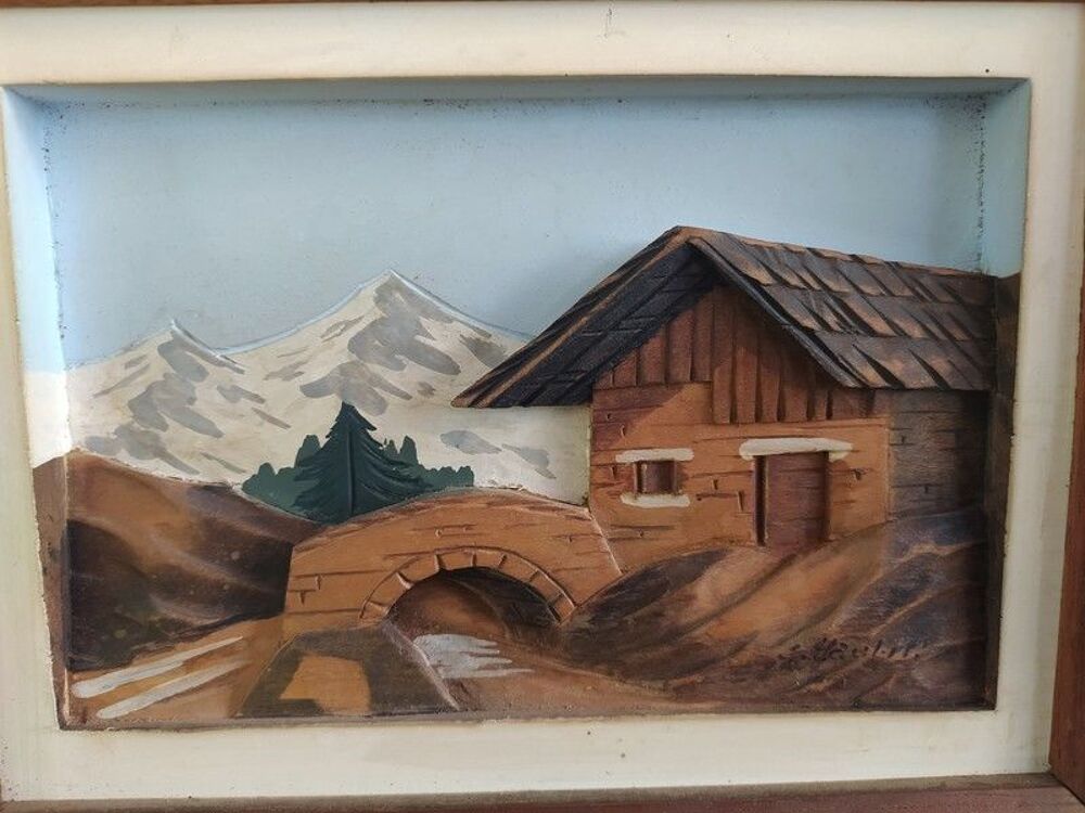Tableau Chalet Bois Sculpt&eacute; Art Populaire Montagne 1950 Décoration
