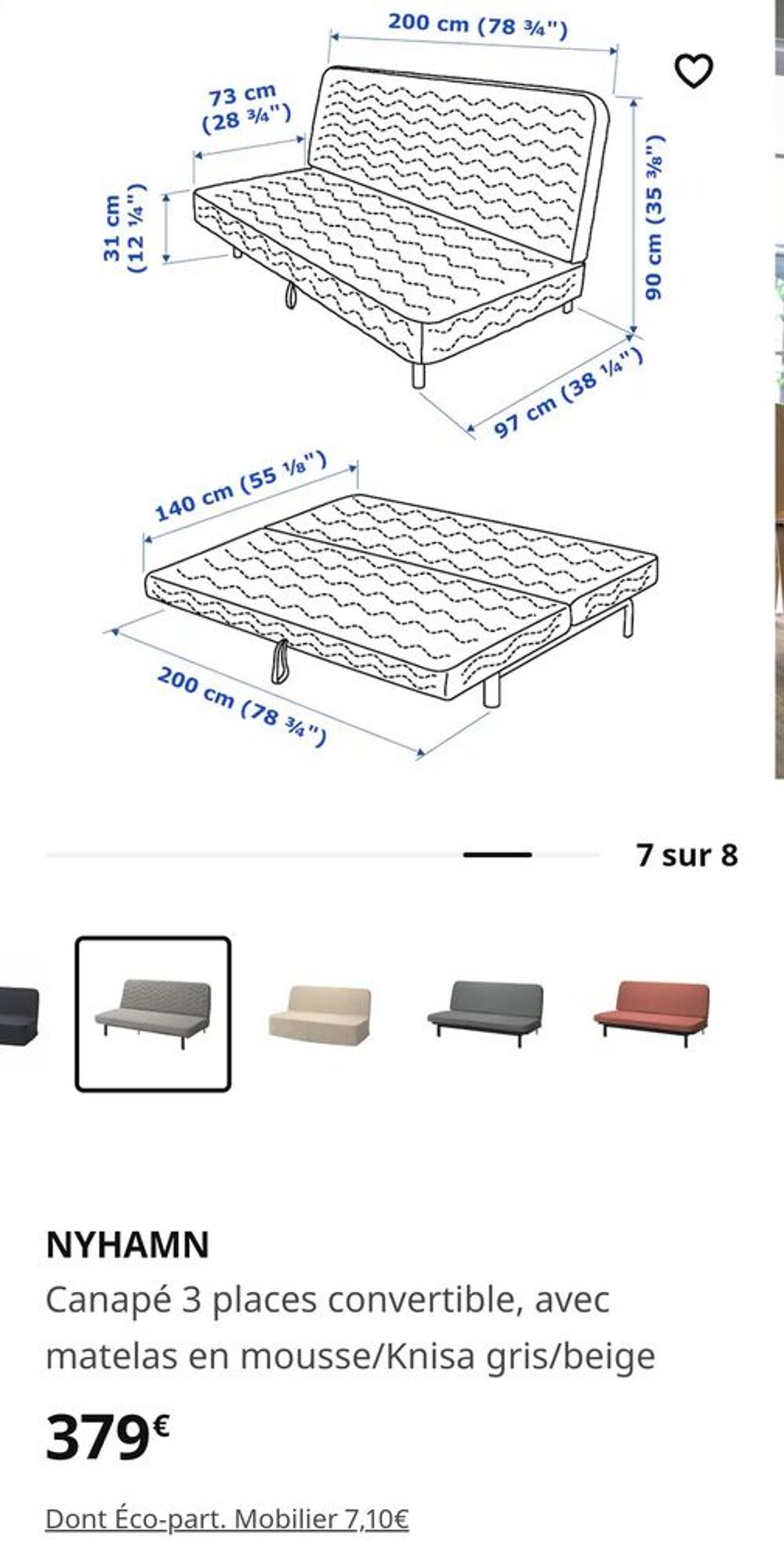 
IKEA Canap&eacute; 3 places convertible, avec matelas en mousse Meubles