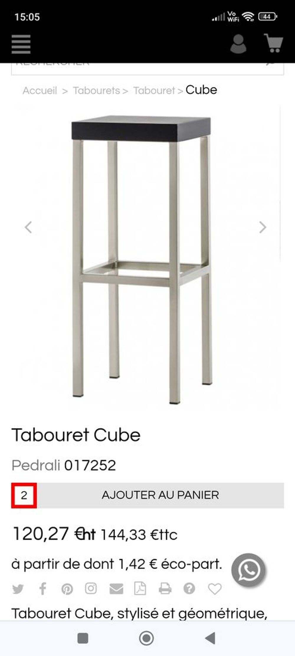 Tabouret Cube 017252 Pedrali . Neuf 