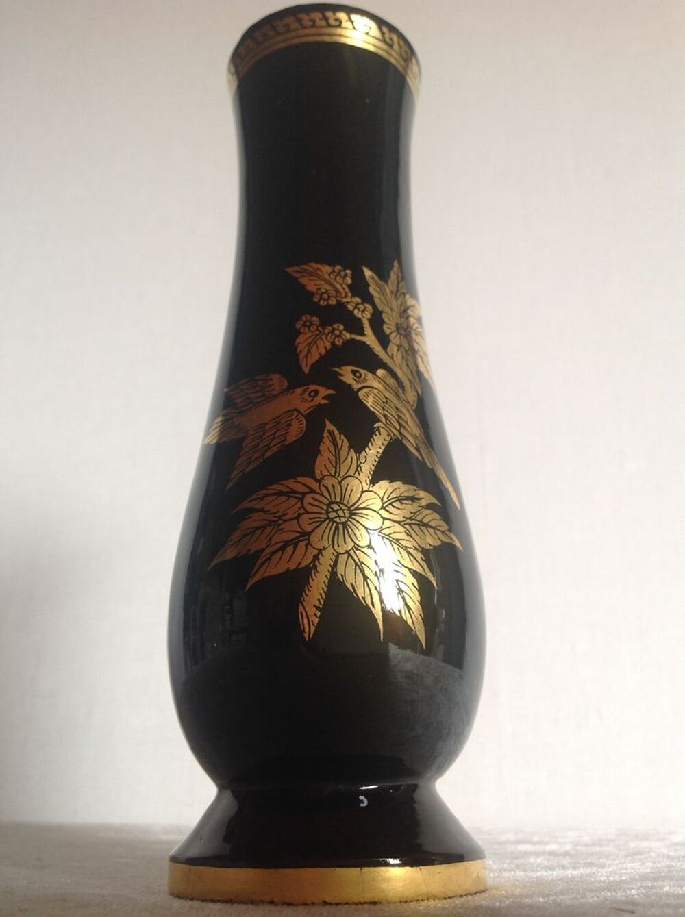 VASE EN BOIS LAQU&Eacute; NOIR MOTIF OISEAUX DOR&Eacute;S Envoi Possible Décoration